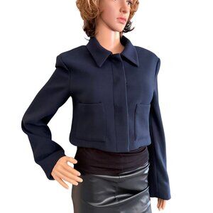 Zara Navy Blue Cropped Blazer Jacket Long Sleeve Size Small New Pockets Office